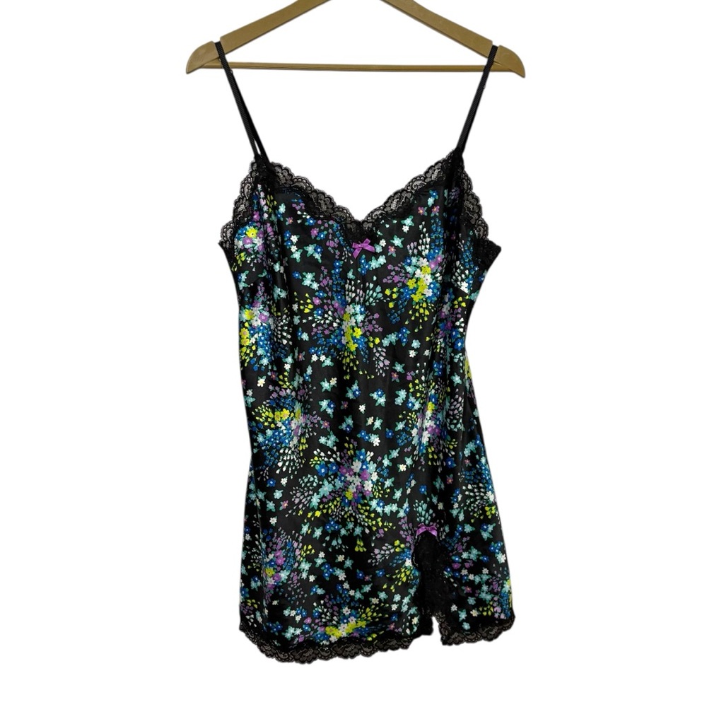 Victorias Secret Large Black Multicolor Satin Floral Lace Trim Cami Slip Dress